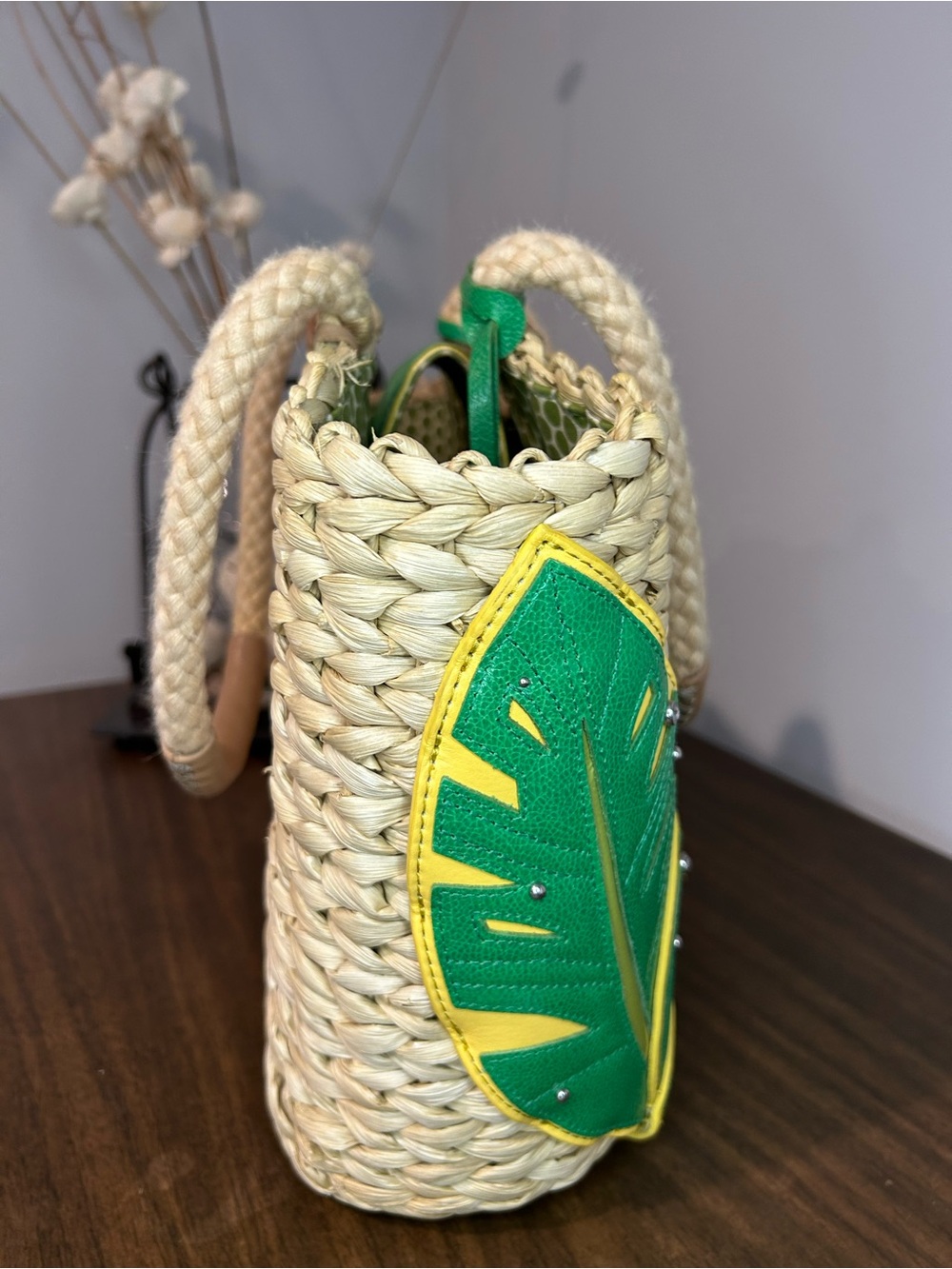 Brighton Woven Hula Straw Tote with Green Leaf Appliqué & Red Flower Charm - Picture 6 of 17